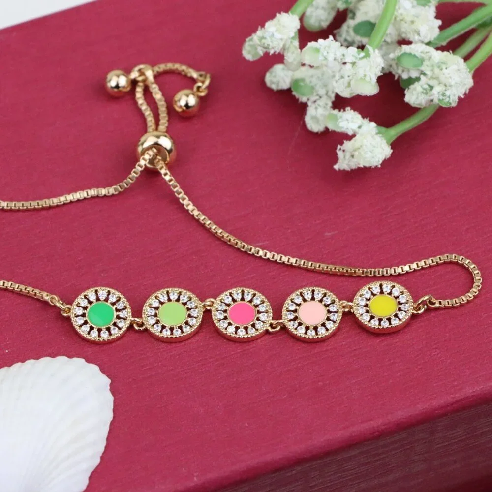 Rose Gold Adjustable Bracelet with Colorful CZ Disc Charms, XPAB0659